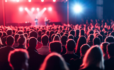 Large crowd at a concert or event, illuminated by red and blue stage lights, creating an energetic atmosphere.
