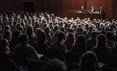 Large crowd at a concert or event, illuminated by red and blue stage lights, creating an energetic atmosphere.
