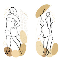 Collection. Silhouette of a female figure and plant leaves. The girl is standing. The lady is full of beauty and sexuality. The girl is overweight vector illustration set.