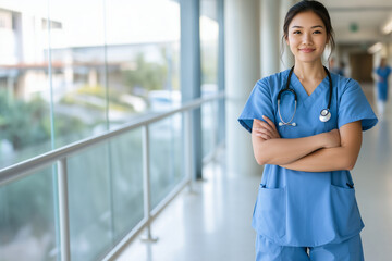 Smiling beautiful Asian nurse wearing blue scrubs in a bright and inviting hospital hallway