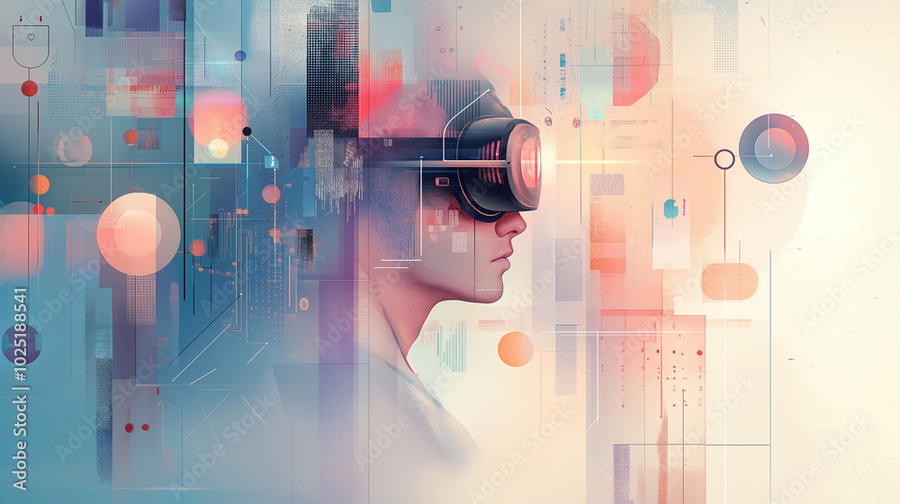 Poster a man in hi-tech vr glasses with elements of artificial intelligence. background in a high-tech styl