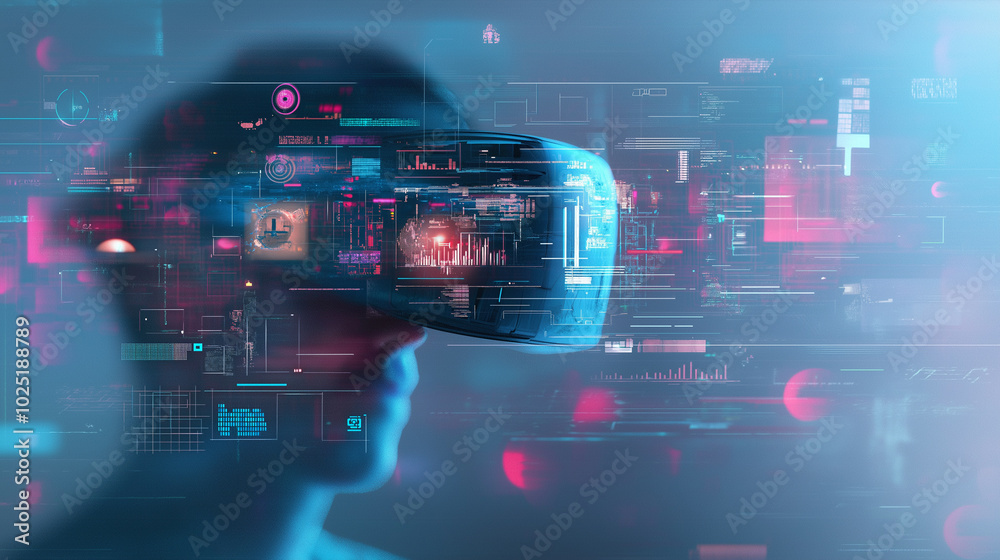 Poster a man in hi-tech vr glasses with elements of artificial intelligence. background in a high-tech styl