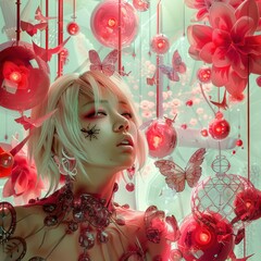 A woman with short blonde hair surrounded by red spheres and butterflies. AI.