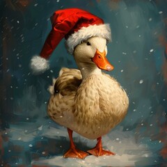 A duck wearing a Santa hat in the snow. AI.