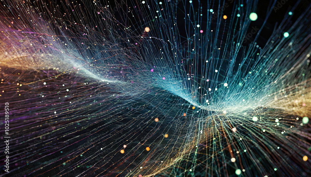 Poster abstract visualization of colorful light waves and particles flowing dynamically in a dark backgroun