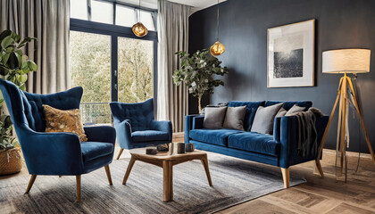Stylish modern living room featuring blue furniture and elegant decor with natural light during the day