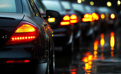 A line of cars in traffic on a rainy evening, with reflections of tail lights on the wet road.