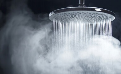 Obraz premium A refreshing rainfall showerhead with water streaming down surrounded by steamy mist.