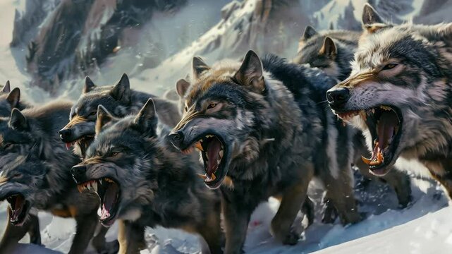 A pack of wolves are shown with their mouths open, ready to attack