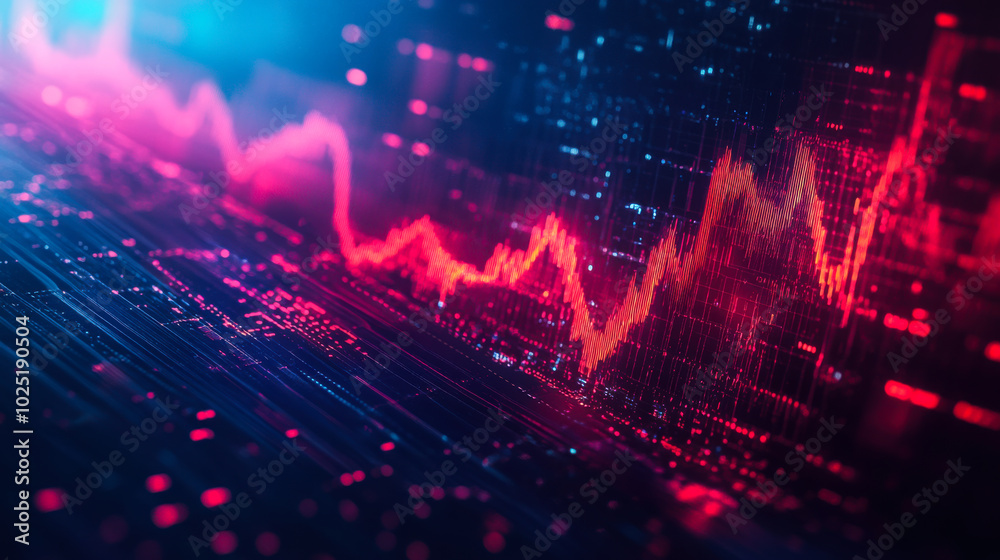 Poster vibrant visualization of a fluctuating data graph with colorful digital patterns in a high-tech envi