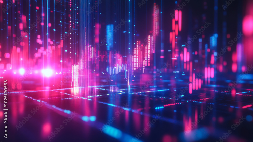 Poster vibrant visualization of a fluctuating data graph with colorful digital patterns in a high-tech envi