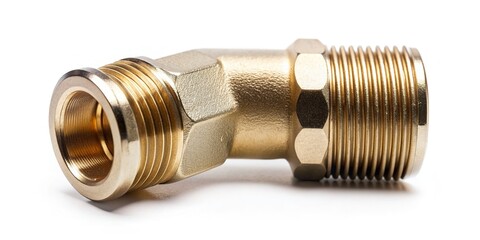 water, plumbing, pipeline, white background, pipe fitting, plumbing component, isolated, A closeup stock photo of a threaded water plumbing elbow isolated on white at eye level