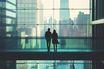 Fototapeta premium business people walking in an office building, standing on the glass bridge with large windows overlooking the buildings outside Generative AI
