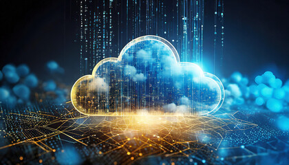 A digital cloud with cascading data streams glowing against a dark background, illustrating modern cloud computing technology