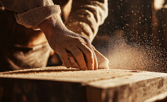 A carpenter&rsquo;s hands working on a piece of wooden plank in a warmly lit workshop, focusing on craftsmanship.
