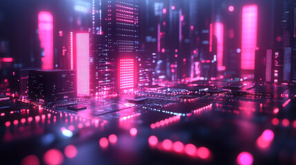 Futuristic digital cityscape with glowing neon lights and interconnected circuits at night