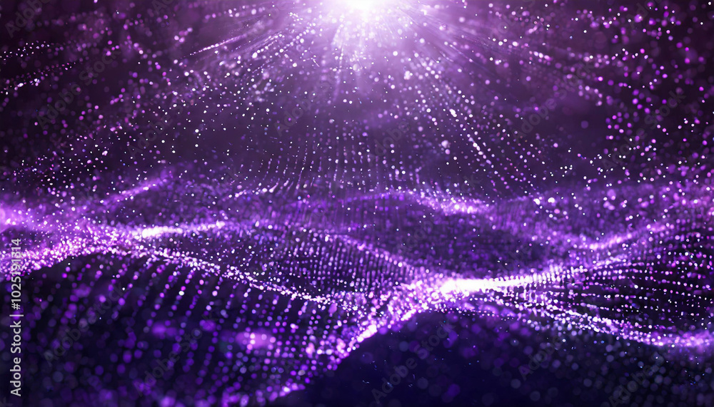 Poster a vibrant display of purple light particles creating a dynamic wave-like pattern in a digital enviro