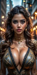 Obraz premium A young woman in a stylish outfit with intricate details poses confidently on a city street illuminated by evening lights. Generative AI