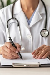 Medical professional writing notes on a clipboard in a clinical setting.