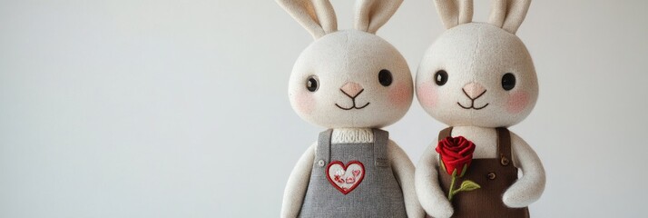 Adorable Bunny Plush Dolls Holding Red Flowers