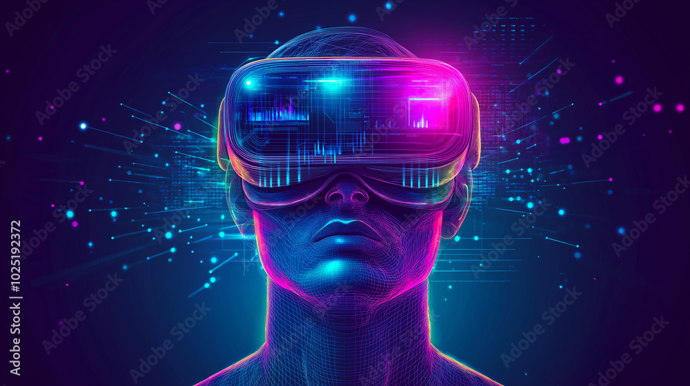 Poster a man in hi-tech vr glasses with elements of artificial intelligence. background in a high-tech styl