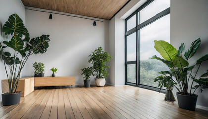 Bright and airy modern room featuring plants, natural light, and wooden flooring in a serene indoor environment