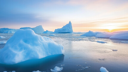  Icebergs floating in a serene Arctic landscape, with calm water reflecting the bright sunlight and clear blue sky.