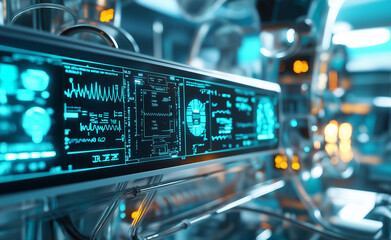 Naklejka premium Rows of high-tech equipment and servers with glowing monitors in a data center, displaying graphs and digital signals.