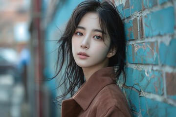Obraz premium Casual portrait of a Korean woman leaning against a brick wall in an urban setting, featuring modern street fashion and a calm expression. Great for fashion, urban lifestyle, and street themes.
