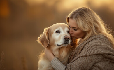 A woman affectionately embracing a golden retriever, sharing an emotional moment of warmth and love.