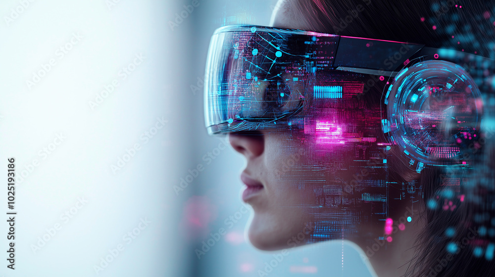 Poster girl in hi-tech vr glasses with elements of artificial intelligence. background in a high-tech style