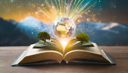 An open book reveals a vibrant globe surrounded by colorful light effects and trees, symbolizing knowledge and nature’s connection