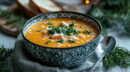 traditional finnish lohikeitto soup on table decorated in scandinavian style, national dish of fish and cream, lunch, dinner, food, restaurant, cafe, salmon chowder, vegetables