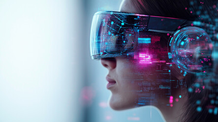 Girl in hi-tech VR glasses with elements of artificial intelligence. Background in a high-tech style. Shining lines and patterns resembling neural networks, connections, and digital circuits.