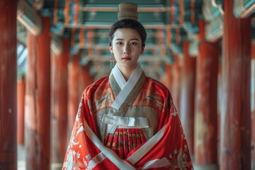 Fototapeta premium Korean Woman in Traditional Hanbok, Formal Setting. Elegant Korean woman in traditional hanbok standing in a grand formal corridor, highlighting cultural heritage and beauty. 