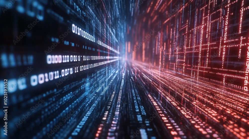 Poster abstract digital tunnel with binary code and glowing lines