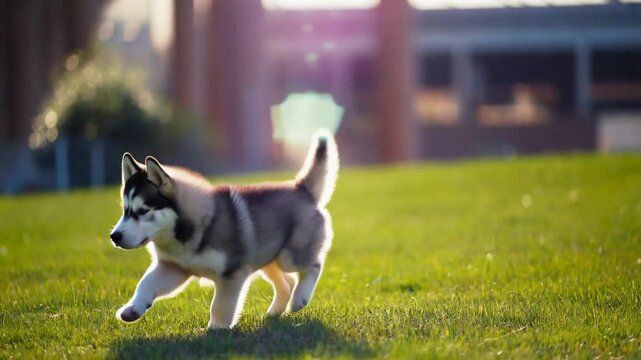 Playful puppy and husky explore sunny green field, showcasing their fluffy fur and energetic spirit, capturing joy of outdoor adventures with cute animals.