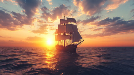 Obraz premium A majestic sailing ship navigates through turbulent ocean waters under dramatic skies during an early evening