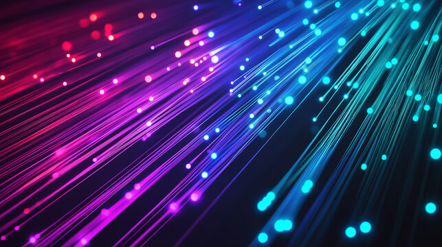 Abstract image of vibrant fiber optic cables emitting glowing pink and blue light, representing data transmission and connectivity.