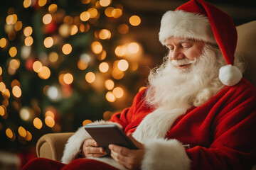 Santa Claus Using A High-Tech Tablet To Manage His Gift List, With Digital Maps Showing Real-Time Tracking Of Reindeer And Delivery Routes