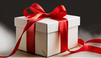A beautifully wrapped gift box with a red ribbon, set against a dark background, ready for a special occasion celebration