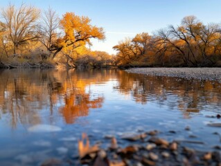 Fototapeta premium Autumn Reflections on a Calm River at Sunset Near a Forested Bank
