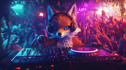 A lively party scene with a fox DJ playing music for an excited crowd in a colorful nightclub setting at night