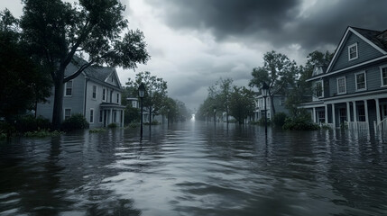 Obraz premium Flooded city after a storm or a hurricane, natural disaster, high water caused by climate change