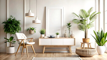 Mock up frame in home interior background, white room with natural wooden furniture, Scandi-Boho style, 3d render, white Mock up frame