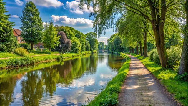 A serene path runs alongside the Dortmund Ems Canal in Lingen offering a picturesque view of the waterway and surrounding scenery, Lingen, countryside, serene, peaceful, walking, pathway