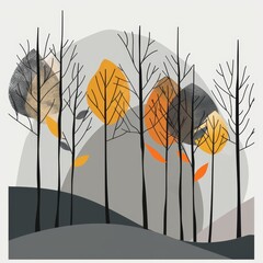 A painting of a forest with trees and leaves