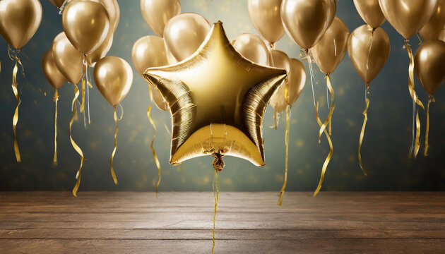 Golden star balloon surrounded by shimmering gold heart balloons in a festive setting, ideal for celebrations and parties
