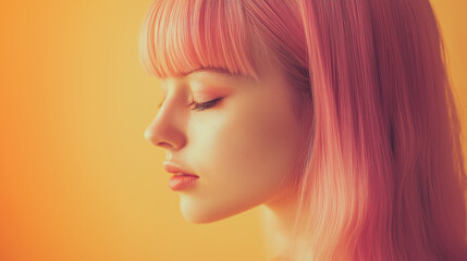 Profile of a serene woman with pink hair and closed eyes, captured in soft, warm lighting.