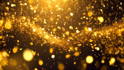 Golden particles shimmer and dance in a mesmerizing display of light against a dark background during a festive celebration